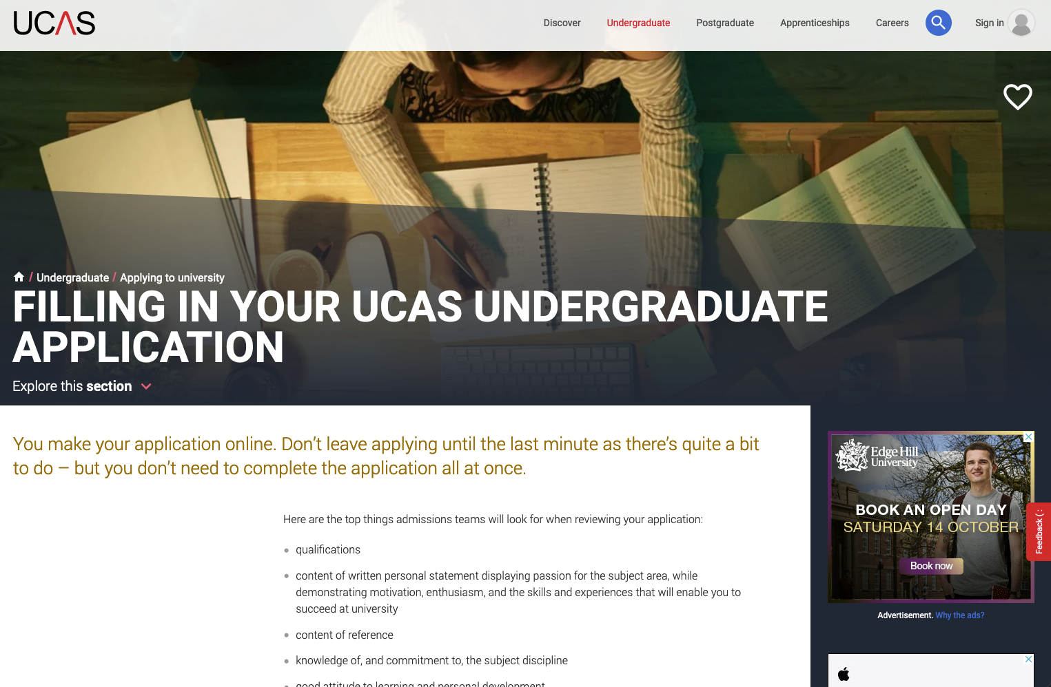 Screenshot of UCAS website page on undergraduate