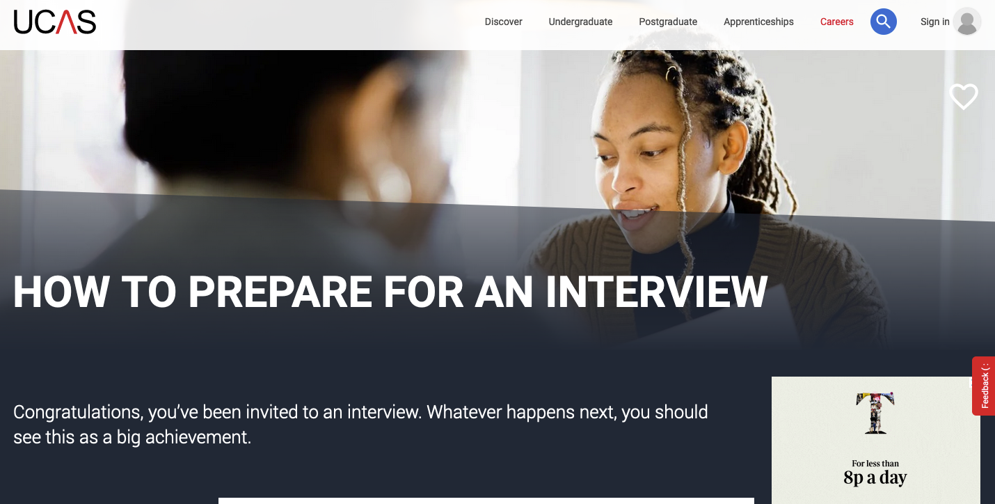 screenshot of UCAS website page on careers