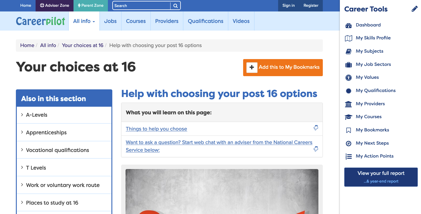 screenshot of careerpilot website page on your chocies at 16