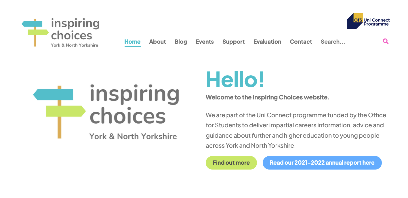 screenshot of the inspiring choices york and north yorkshire website homepage