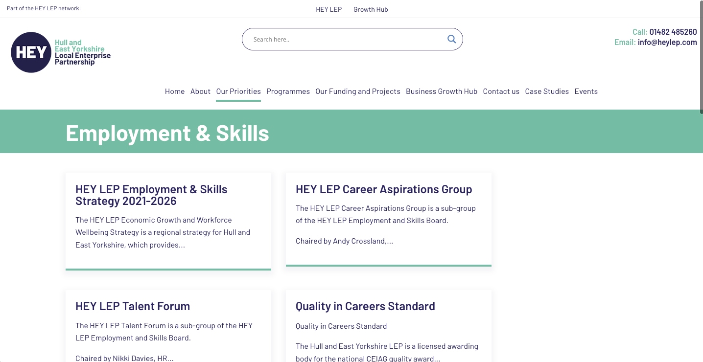 image of hull and east yorkshire local enterprise partnership website page on our priorities