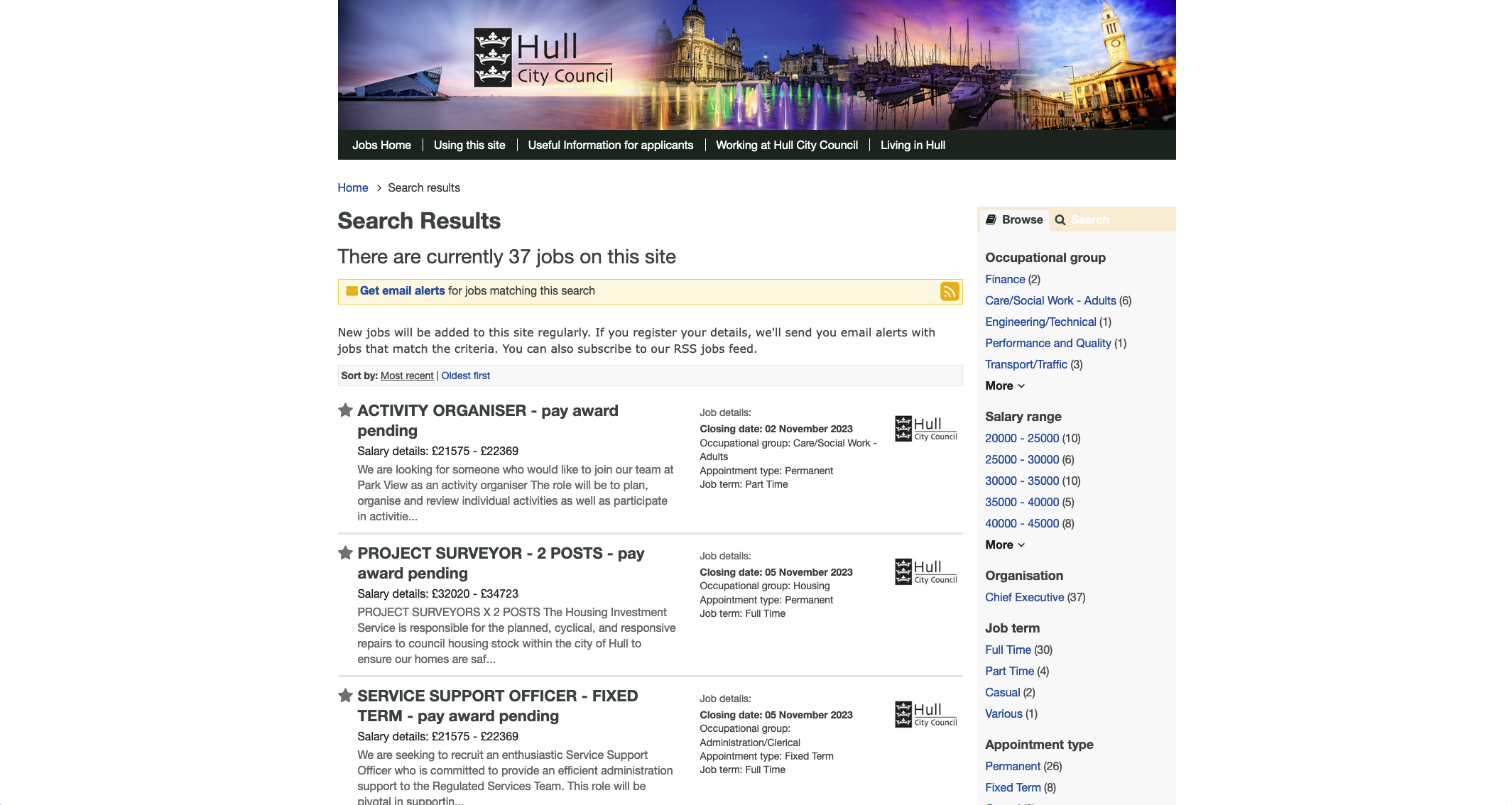 screenshot of hull city council website page on jobs