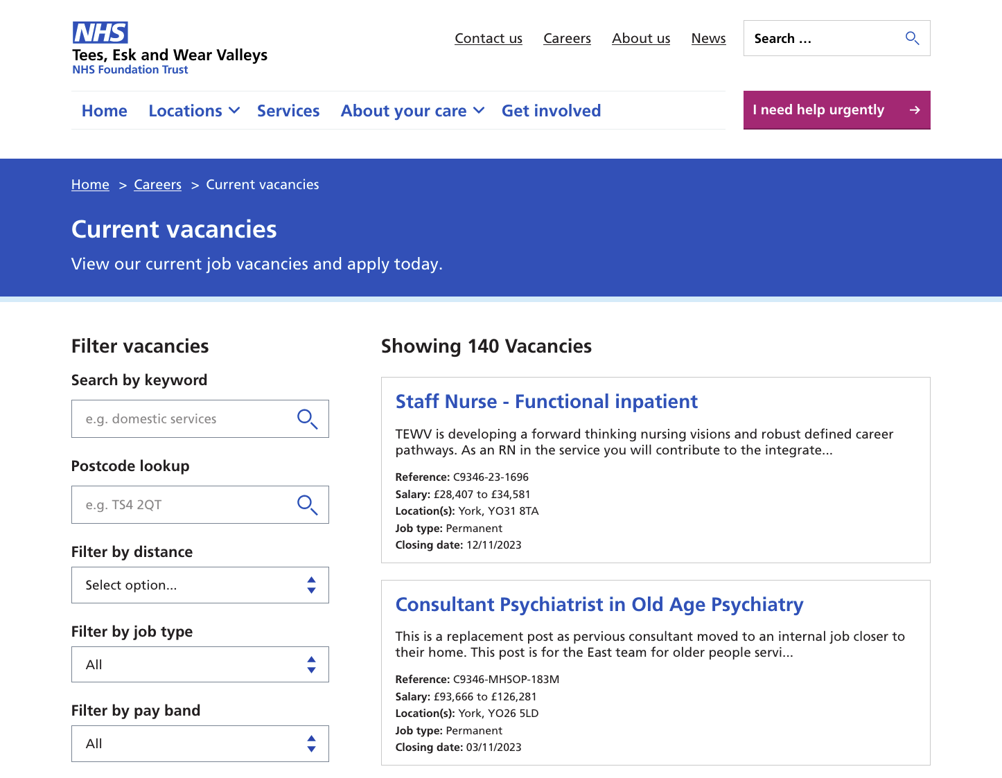screenshot of NHS website page on current vacancies