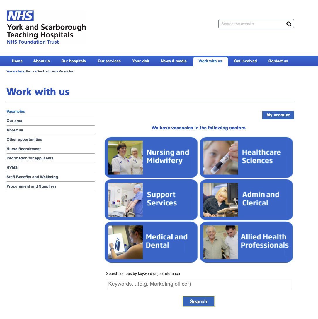 screenshot of york and scarborogh teaching hospitals website page on work with us