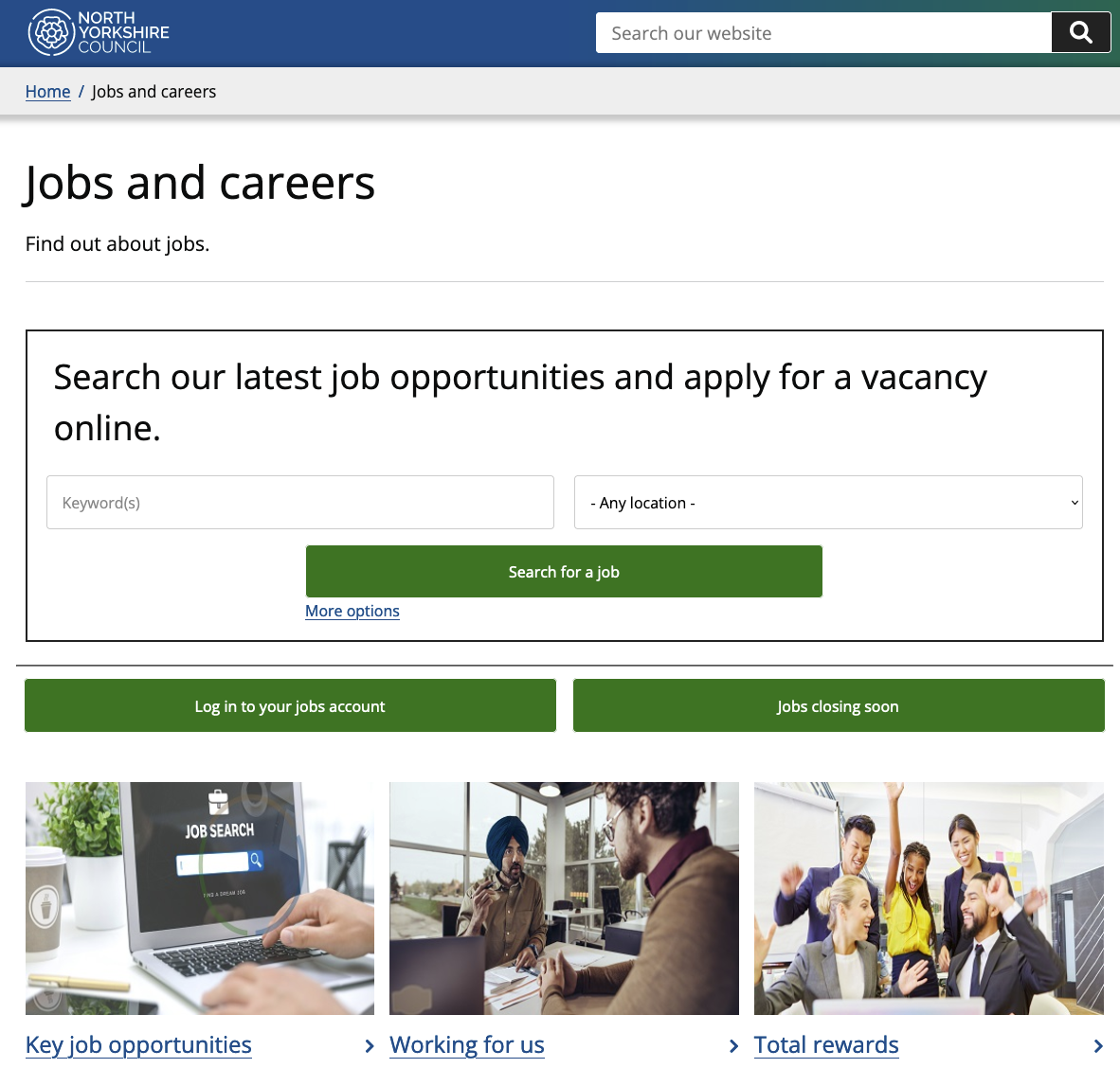 screenshot of north yorkshire council jab and career search page