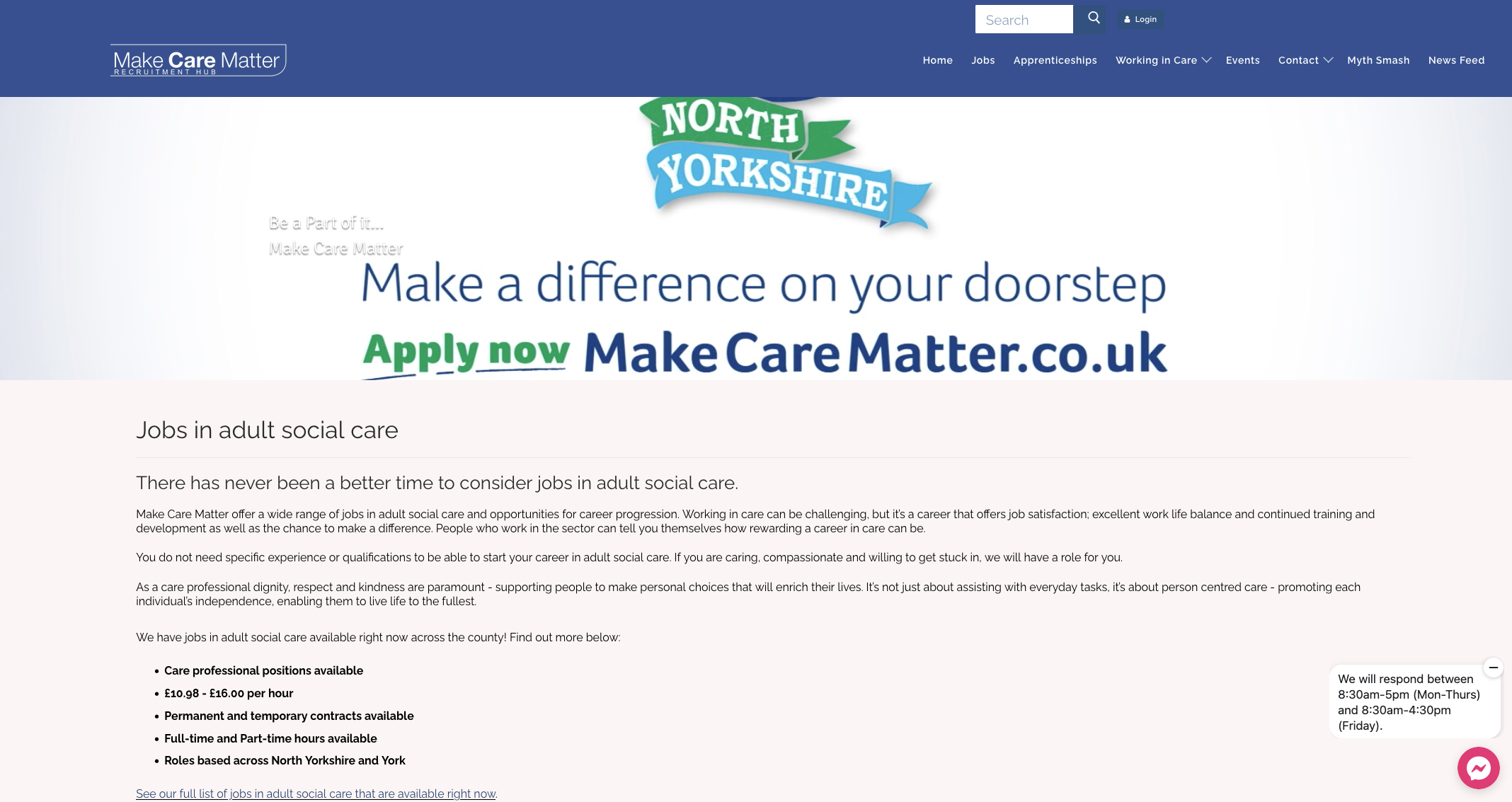 screenshot of application page from the makecarematter recruitment hub website
