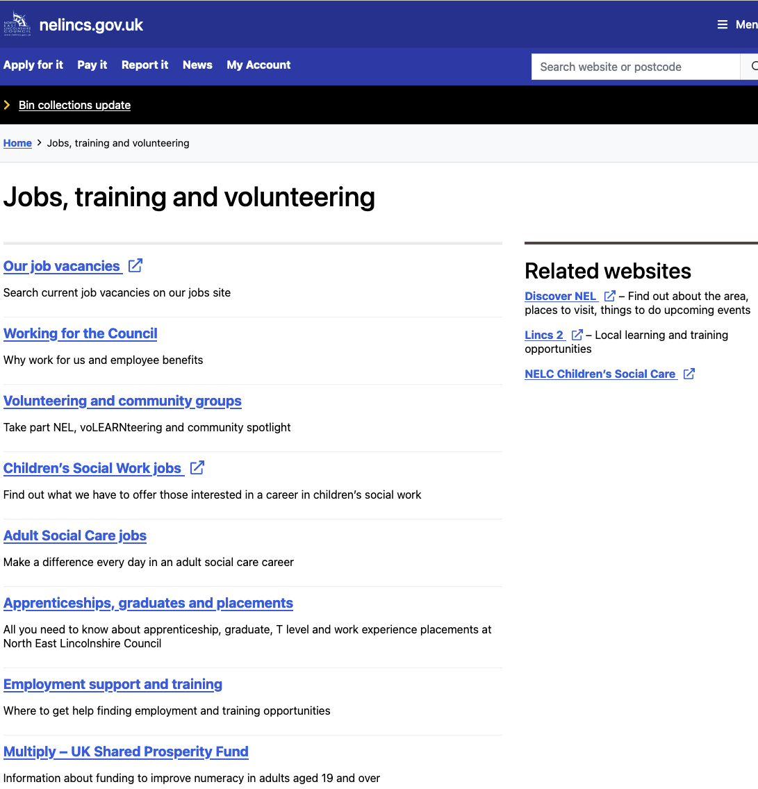 screenshot of nelincs.gov.uk website page on jobs, training and volunteering