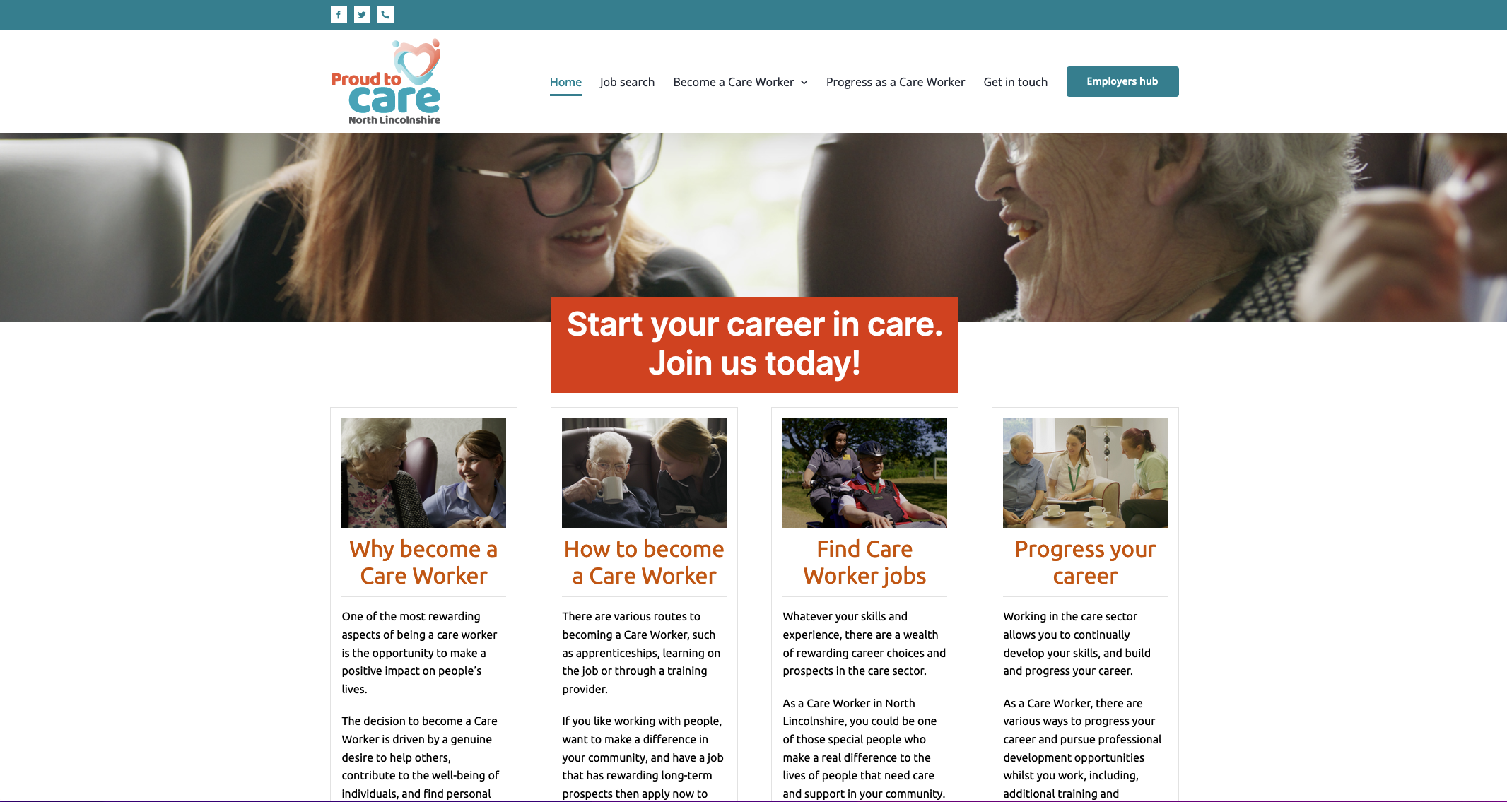 screenshot of pround to care hull website page on how to start your career in care