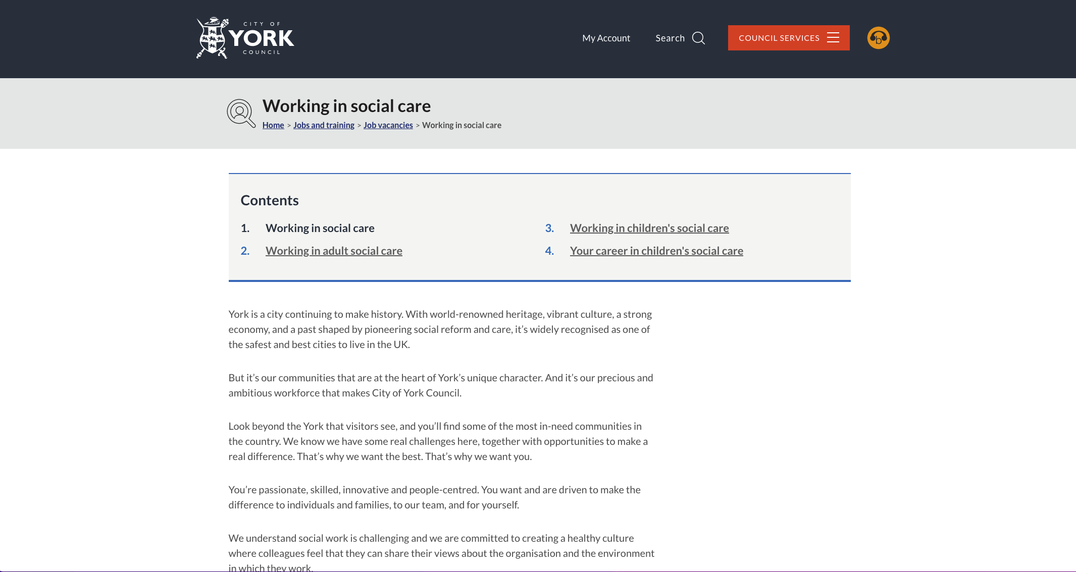 screenshot of the city of york website working in social care page