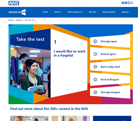 screenshot of the NHS website page on careers test
